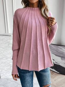 SHEIN LUNE Mock Neck Batwing Sleeve Sweater - Pink - View 3