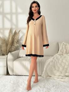 SHEIN 孕婦拼接蕾絲邊喇叭袖睡裙