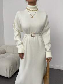 EURMUSE Turtleneck Drop Shoulder Sweater Dress Without Belt