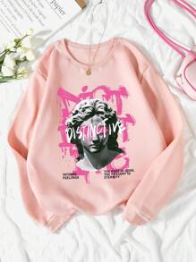 SHEIN EZwear Figure & Slogan Graphic Thermal Lined Sweatshirt - Pink - View 1