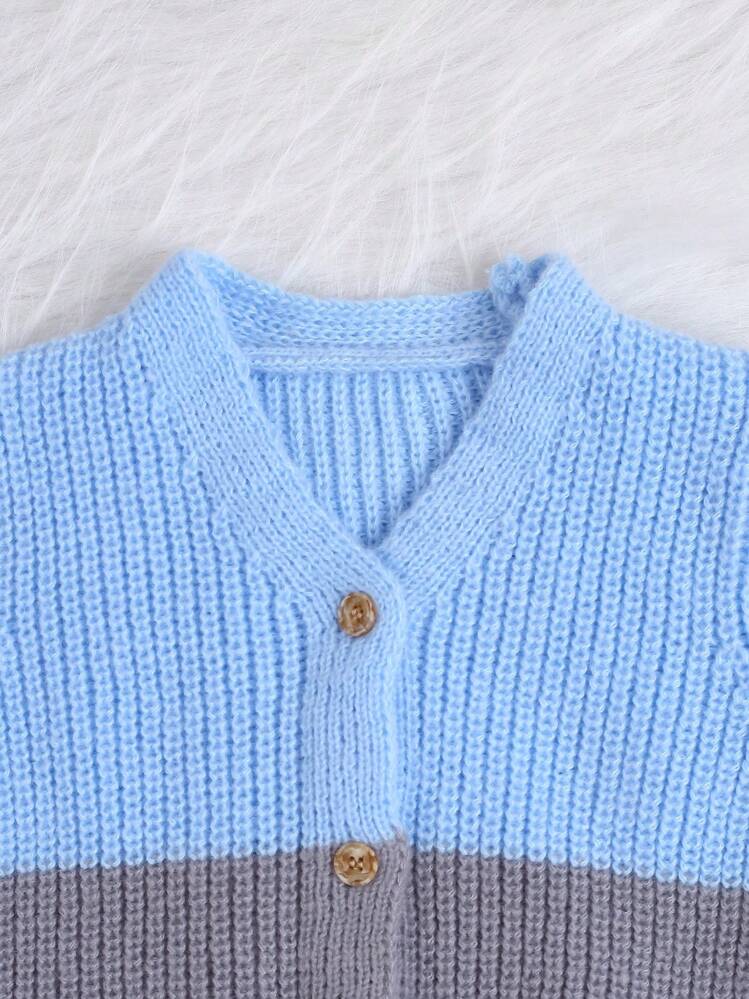 Bebé niño Cárdigan de color combinado con botón delantero - Azul - Añade 4