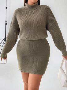 Flirla 大碼高領落肩袖毛衣洋裝 - 紫紅色 - 查看 6