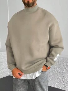 Manfinity Homme Loose Fit Men's Patchwork Detail Mock Neck Sweatshirt - Khaki - View 1