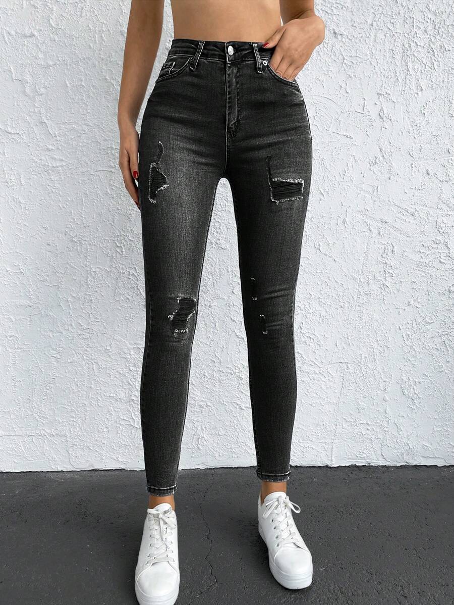 EURMUSE Fleece Lined High Waist Slim Fit Jeans - Dark Grey - View 1