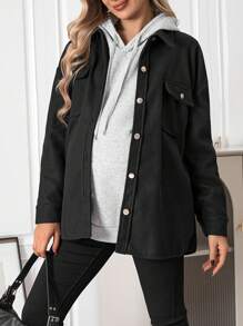 SHEIN Maternity Drop Shoulder Flap Pocket Button Front Coat - Black - View 1