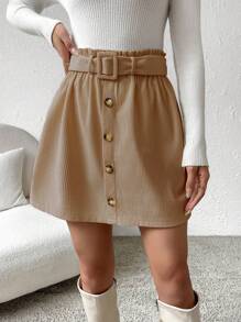 Chiquease 紙袋腰前紐扣腰帶半身裙 - 卡其色 - 查看 8