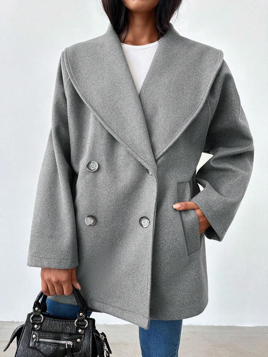 RueChic Waterfall Collar Double Breasted Overcoat - Light Grey - View 1
