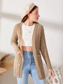 SHEIN 少女双口袋粗针织开衫 - 駝色 - 查看 6