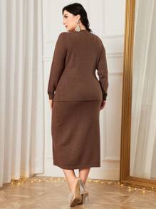 Modelyn Plus Notched Neckline Split Hem Sweater & Knit Skirt - Coffee Brown - View 2
