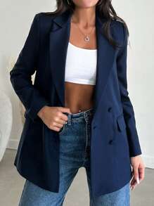 EURMUSE Lapel Collar Double-breasted Suit Jacket - Navy Blue - View 1