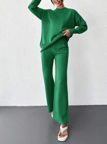 SHEIN Cottnline Ladies' Solid Colored Round Neck Drop Shoulder Sweater & Pants Two-Piece Set - Green - View 6