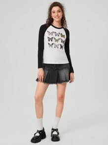 Forever 21 Women's Butterfly Print Raglan Sleeve T-shirt - Black and White - View 6