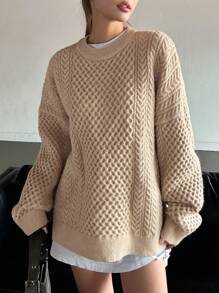 Dazy Star 1pc Solid Cable Knit Drop Shoulder Sweater Fall - Apricot - View 7