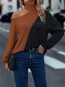 SHEIN LUNE アシンメトリー ネック ドロップショルダー Tシャツ レディースグラフィックトップス ツートーン