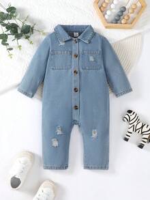 Đứa bé trai Túi Kép Rách Nút phía trước Denim Áo liền quần - Rửa trung bình - Xem 5