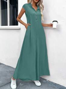 SHEIN LUNE Solid Hidden Pocket Longline Shirt Jumpsuit - Green - View 7