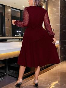 Plus Contrast Sequin Surplice Neck Lantern Sleeve Dress, For Thanksgiving