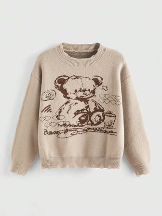 Kawaii Suéter Redondo De Cuello Con Estampado De Oso De Dibujos Animados Para Mujer