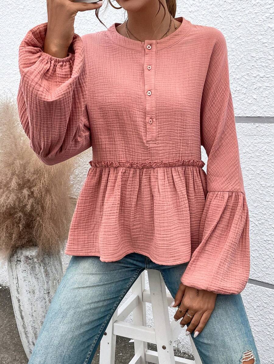 SHEIN VCAY Half Button Lantern Sleeve Peplum Blouse - Dusty Pink - View 1