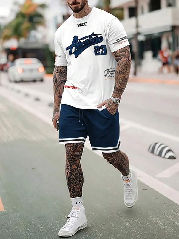 Manfinity Sporsity Men's Letter Print T-shirt And Drawstring Waist Shorts 2pcs/set