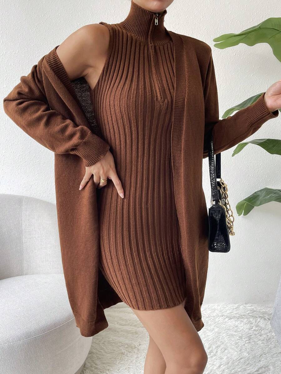 Chiquease High Neck Half Zipper Placket Sweater Dress & Cardigan - Coffee Brown - View 1