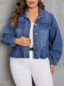 SHEIN LUNE Plus Flap Detail Ruffle Hem Denim Jacket - Blue - View 4