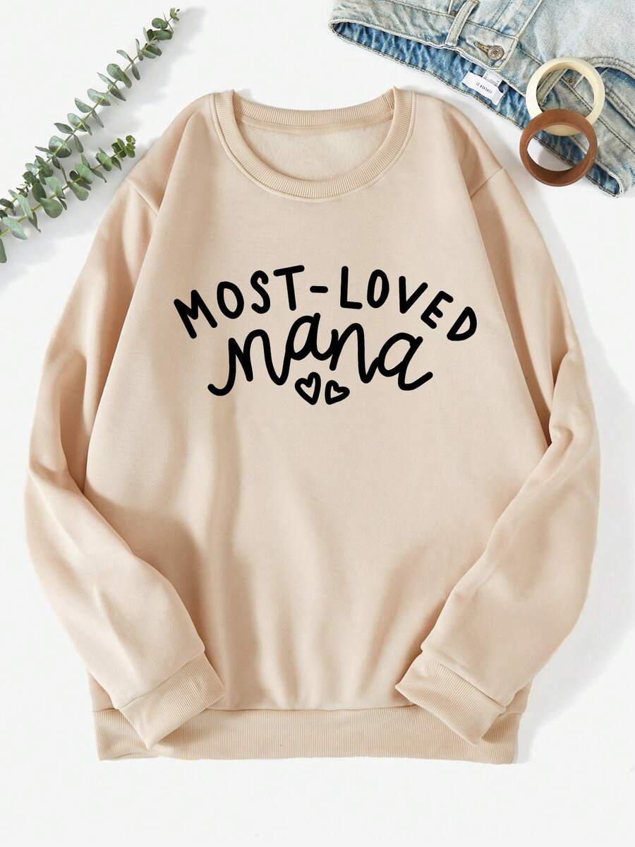 SHEIN EZwear Hơn Đồ họa Khẩu hiệu Lót nhiệt Áo nỉ - Màu be - Xem 1