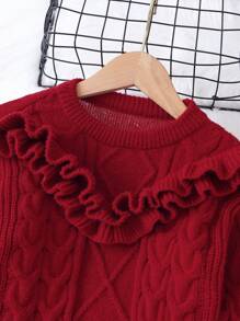 SHEIN Chica Joven Vestido de punto ribete con fruncido tejido de cable - Rojo - Ver 4