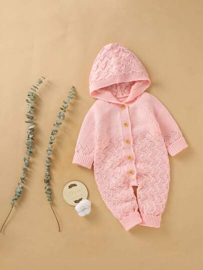 Infant Solid Color Knitted Jumpsuit With Hood