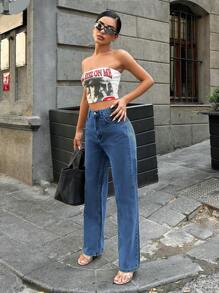 RueChic Jeans Rectos De Mujer De Color Sólido Con Bolsillo Inclinado