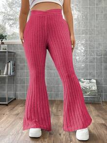 Flirla Hơn Eo chồng lên Viền chia cắt Quần ống loe - Màu Hồng Tươi - Xem 6