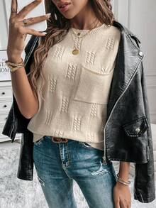 SHEIN LUNE Chất rắn tay cánh Vá Túi Knit ngọn - Màu be - Xem 5