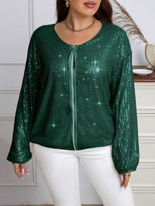 SHEIN Allurite Plus Drawstring Hem Zip Up Sequin Jacket - Dark Green - View 6