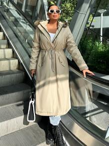EURMUSE Drawstring Waist Fuzzy Trim Hooded Coat - Beige - View 6