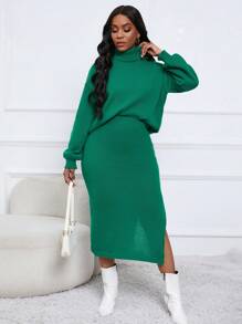 Zolique 高領落肩袖套頭毛衣&下擺開叉針織短裙 - 綠色 - 查看 1