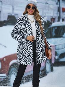 SHEIN Unity 斑馬紋連帽搖粒絨外套 - 黑與白 - 查看 5