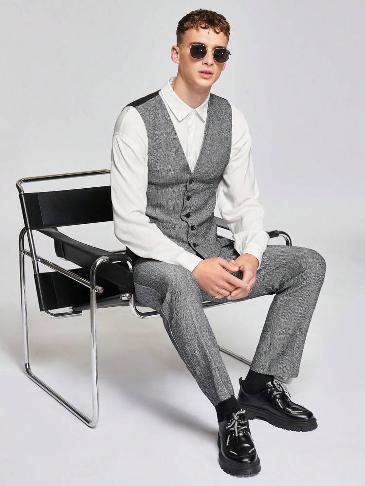Men 1pc Lapel Neck Blazer & 1pc Pants & 1pc Waistcoat, Fall/Winter Clothes