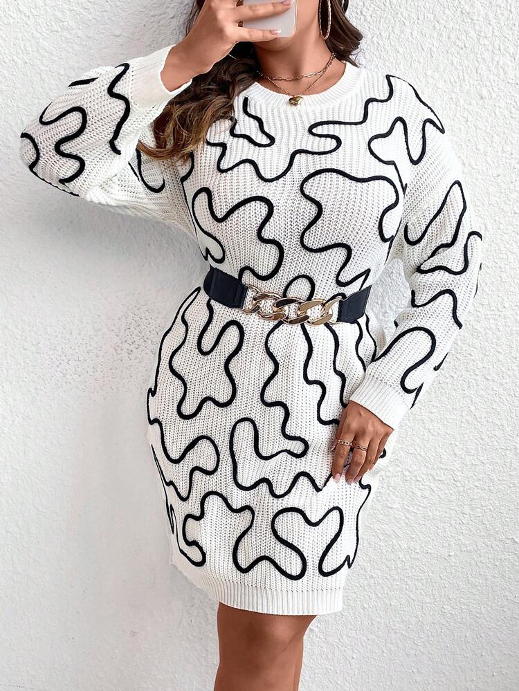 Plus Allover Pattern Drop Shoulder Sweater Dress Without Belt