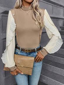 SHEIN Clasi 撞色荷葉邊小高領T恤 - 摩卡棕 - 查看 1