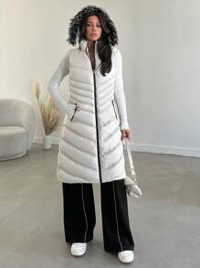 EURMUSE Slant Pockets Fuzzy Trim Hooded Puffer Vest Coat - Grey - View 4