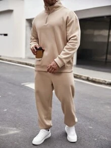 Manfinity Homme Nam Plus Một nửa khóa kéo Áo len & Quần nỉ - Màu Khaki - Xem 6