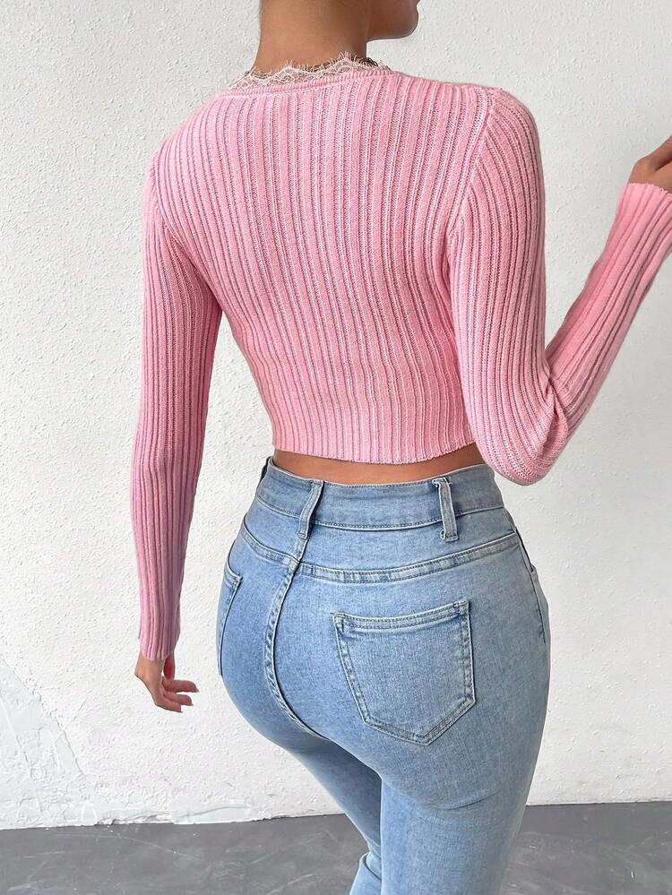 Eyelash Lace Trim Twist Front Crop Knit Pullover Fall Winter Sweater