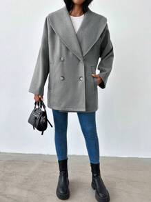 RueChic Waterfall Collar Double Breasted Overcoat - Light Grey - View 3