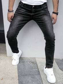 Quần Jeans Nam Nút Túi Dây kéo màu trơn - Màu xám đen - Xem 7