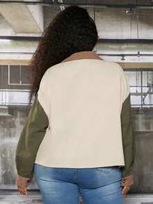 SHEIN CURVE+ 大碼撞色落肩袖燈芯絨襯衫 - 彩色 - 查看 2