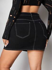 SHEIN ICON Plus Top-Stitching Bodycon Denim Skirt - Black - View 2