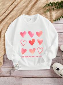 Tween Girl Heart & Slogan Graphic Thermal Lined Pullover - White - View 1