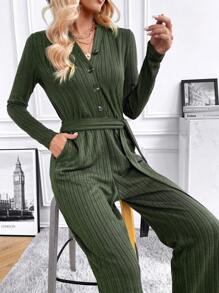 SHEIN LUNE Slant Pocket Belted Jumpsuit - Army Green - View 4