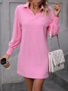 SHEIN Clasi 珍珠串珠落肩T恤連衣裙 - 粉色 - 查看 1