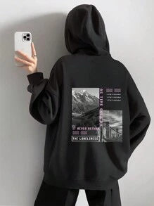 SHEIN EZwear 加大码山峰标语图案抽绳保暖内衬卫衣 - 黑色 - 查看 1